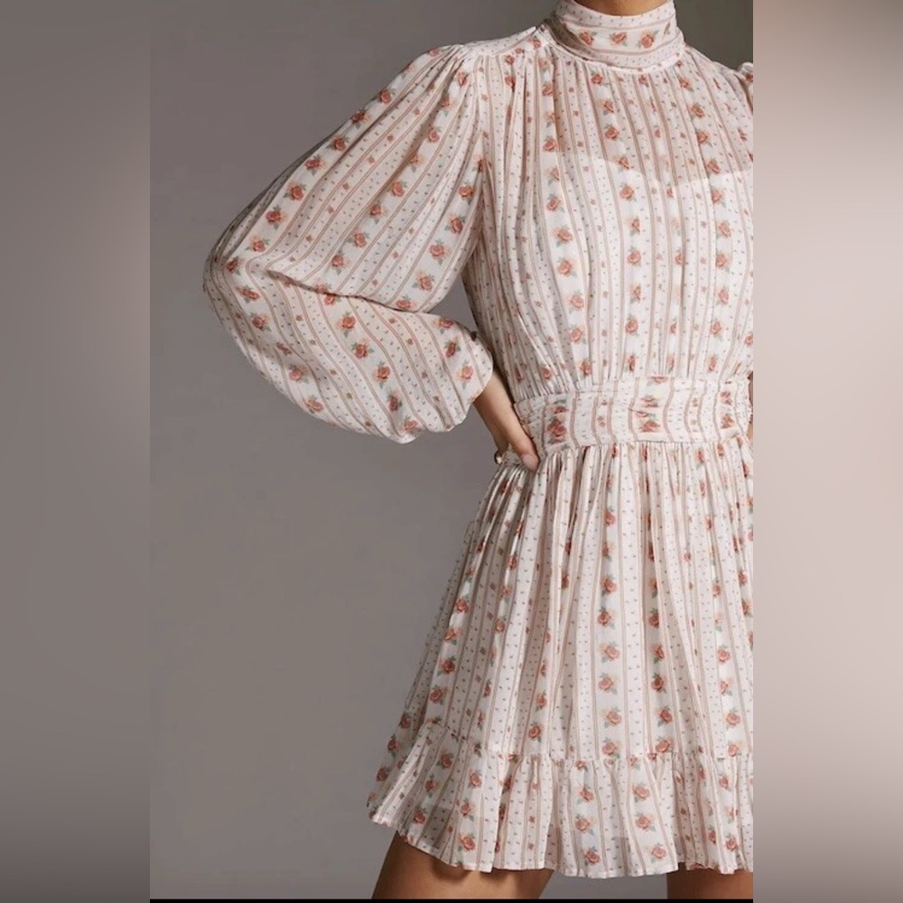 Anthropologie Let Me Be Mock Neck Sheer Mini Dress in Pink Combo, Size LG; NWT - Picture 8 of 16
